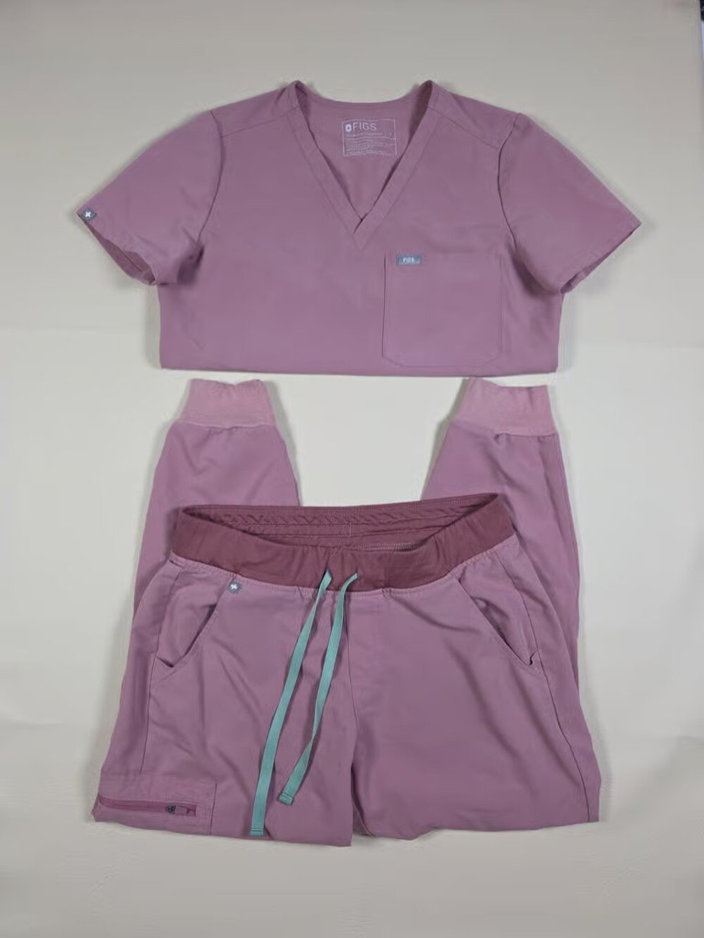 FIGS Mauve Pink Mint Contrast Catarina Top Zamora Jogger Scrub Set Size S
